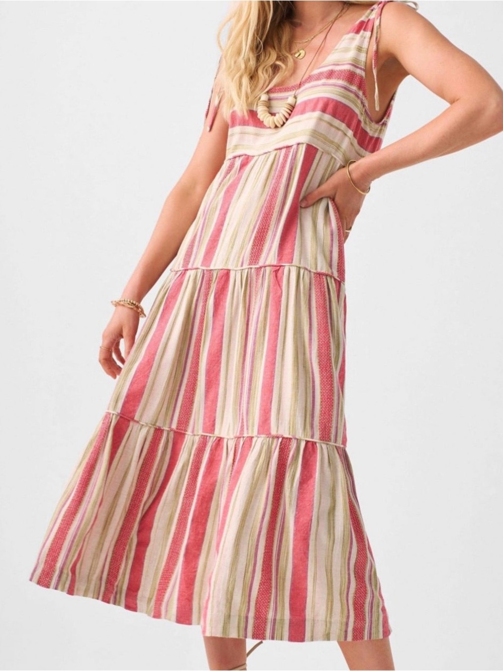 Faherty Pink, Cream & Olive Striped Tie-Shoulder Maxi Dress - Picture 6 of 7